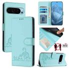 For Google Pixel 9 5G Cat Rat Embossed Pattern RFID Leather Phone Case with Lanyard(Mint Green) - 1