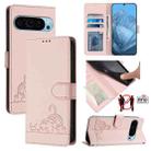 For Google Pixel 9 5G Cat Rat Embossed Pattern RFID Leather Phone Case with Lanyard(Pink) - 1