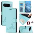 For Google Pixel 9 Pro 5G Cat Rat Embossed Pattern RFID Leather Phone Case with Lanyard(Mint Green) - 1