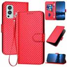 For OnePlus Nord 2 5G YX0070 Carbon Fiber Buckle Leather Phone Case with Lanyard(Red) - 1