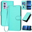 For OnePlus 9 YX0070 Carbon Fiber Buckle Leather Phone Case with Lanyard(Light Blue) - 1