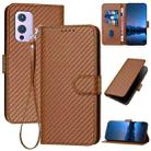 For OnePlus 9 YX0070 Carbon Fiber Buckle Leather Phone Case with Lanyard(Coffee) - 1