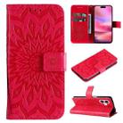 For iPhone 16 Embossed Sunflower Pattern Flip Leather Phone Case(Red) - 1