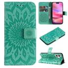 For iPhone 16 Embossed Sunflower Pattern Flip Leather Phone Case(Green) - 1