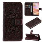 For iPhone 16 Plus Embossed Sunflower Pattern Flip Leather Phone Case(Brown) - 1