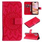 For iPhone 16 Plus Embossed Sunflower Pattern Flip Leather Phone Case(Red) - 1