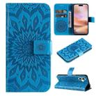 For iPhone 16 Plus Embossed Sunflower Pattern Flip Leather Phone Case(Blue) - 1