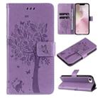 For iPhone SE 2024 Tree & Cat Embossed Pattern Flip Leather Phone Case(Light Purple) - 1