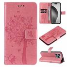 For iPhone 16 Pro Max Tree & Cat Embossed Pattern Flip Leather Phone Case(Pink) - 1