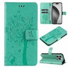 For iPhone 16 Pro Max Tree & Cat Embossed Pattern Flip Leather Phone Case(Green) - 1