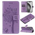 For iPhone 16 Pro Max Tree & Cat Embossed Pattern Flip Leather Phone Case(Light Purple) - 1