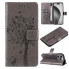 For iPhone 16 Pro Max Tree & Cat Embossed Pattern Flip Leather Phone Case(Grey) - 1