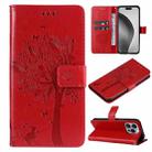 For iPhone 16 Pro Max Tree & Cat Embossed Pattern Flip Leather Phone Case(Red) - 1