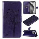 For iPhone 16 Pro Max Tree & Cat Embossed Pattern Flip Leather Phone Case(Purple) - 1