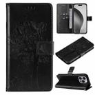 For iPhone 16 Pro Max Tree & Cat Embossed Pattern Flip Leather Phone Case(Black) - 1