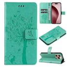 For iPhone 16 Pro Tree & Cat Embossed Pattern Flip Leather Phone Case(Green) - 1