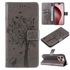 For iPhone 16 Pro Tree & Cat Embossed Pattern Flip Leather Phone Case(Grey) - 1