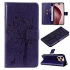 For iPhone 16 Pro Tree & Cat Embossed Pattern Flip Leather Phone Case(Purple) - 1