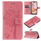 For iPhone 16 Plus Tree & Cat Embossed Pattern Flip Leather Phone Case(Pink) - 1