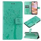 For iPhone 16 Plus Tree & Cat Embossed Pattern Flip Leather Phone Case(Green) - 1