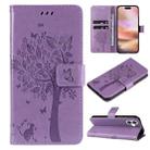 For iPhone 16 Plus Tree & Cat Embossed Pattern Flip Leather Phone Case(Light Purple) - 1