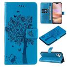 For iPhone 16 Plus Tree & Cat Embossed Pattern Flip Leather Phone Case(Blue) - 1