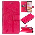 For iPhone 16 Plus Tree & Cat Embossed Pattern Flip Leather Phone Case(Rose Red) - 1