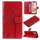 For iPhone 16 Plus Tree & Cat Embossed Pattern Flip Leather Phone Case(Red) - 1