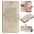 For iPhone 16 Plus Tree & Cat Embossed Pattern Flip Leather Phone Case(Gold) - 1