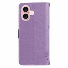 For iPhone 16 Tree & Cat Embossed Pattern Flip Leather Phone Case(Light Purple) - 3