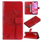 For iPhone 16 Tree & Cat Embossed Pattern Flip Leather Phone Case(Red) - 1