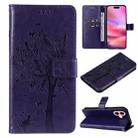 For iPhone 16 Tree & Cat Embossed Pattern Flip Leather Phone Case(Purple) - 1