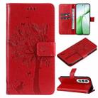 For OnePlus Nord CE4 Tree & Cat Embossed Pattern Flip Leather Phone Case(Red) - 1