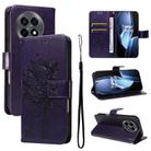 For OnePlus 13R Global Tree & Cat Embossed Pattern Flip Leather Phone Case(Purple) - 1