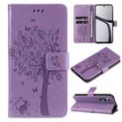 For Realme C65 4G Tree & Cat Embossed Pattern Flip Leather Phone Case(Light Purple) - 1