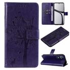 For Realme C65 4G Tree & Cat Embossed Pattern Flip Leather Phone Case(Purple) - 1