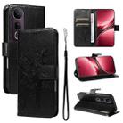 For vivo V50 Lite 5G Global Tree & Cat Embossed Pattern Flip Leather Phone Case(Black) - 1