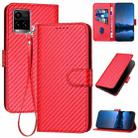 For vivo Y33s 4G Global / Y21t YX0070 Carbon Fiber Buckle Leather Phone Case with Lanyard(Red) - 1