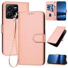For vivo Y35 4G/Y22 4G/Y22s 4G YX0070 Carbon Fiber Buckle Leather Phone Case with Lanyard(Pink) - 1