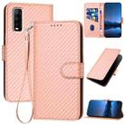 For vivo Y70s YX0070 Carbon Fiber Buckle Leather Phone Case with Lanyard(Pink) - 1