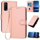 For vivo Y72 5G / iQOO Z3 YX0070 Carbon Fiber Buckle Leather Phone Case with Lanyard(Pink) - 1