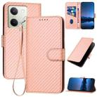 For vivo Y100 5G Global YX0070 Carbon Fiber Buckle Leather Phone Case with Lanyard(Pink) - 1