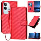 For vivo Y19s Global YX0070 Carbon Fiber Buckle Leather Phone Case with Lanyard(Red) - 1