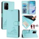 For OPPO A95 4G Global / Reno6 Lite Cat Rat Embossed Pattern RFID Leather Phone Case with Lanyard(Mint Green) - 1