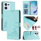 For OPPO Reno8 5G Global Cat Rat Embossed Pattern RFID Leather Phone Case with Lanyard(Mint Green) - 1