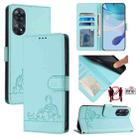 For OPPO Reno8 T 4G Global Cat Rat Embossed Pattern RFID Leather Phone Case with Lanyard(Mint Green) - 1