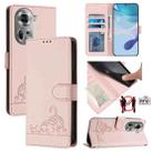 For OPPO Reno11 5G Global Cat Rat Embossed Pattern RFID Leather Phone Case with Lanyard(Pink) - 1