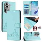 For OPPO Reno11 Pro 5G Global Cat Rat Embossed Pattern RFID Leather Phone Case with Lanyard(Mint Green) - 1