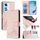 For OPPO Reno11 F 5G Global Cat Rat Embossed Pattern RFID Leather Phone Case with Lanyard(Pink) - 1