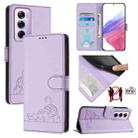 For OPPO Reno12 Pro Global Cat Rat Embossed Pattern RFID Leather Phone Case with Lanyard(Purple) - 1